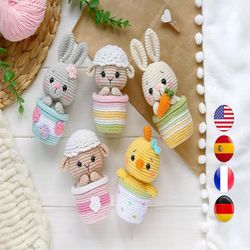 crochet pattern set amigurumi easter animals in pots: bunny, sheep, chick. easter decoration pdf easy crochet pattern