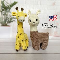 crochet pattern set animals. amigurumi pattern crochet giraffe. crochet llama toy. crochet patterns toy