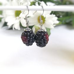 blackberry earrings, berry earrings, polymer clay jewelry, dangle earrings, blackberry jewelry, botanical realistic