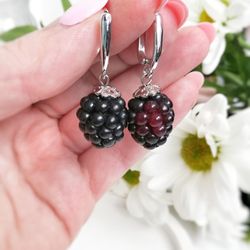 blackberry earrings, berry earrings, polymer clay jewelry, dangle earrings, blackberry jewelry, gift idea for her