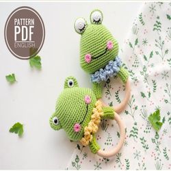 crochet frog teether/rattle, pattern, pdf, english and german, baby toy, newborn toy, baby shower, amigurumi