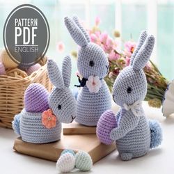 crochet easter decoration: bunny, bunny with egg, bunny with basket, pattern, pdf, english, amigurumi, ester decor