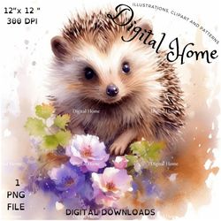 baby hedgehog with flowers digital illustrations, watercolours, printing. cute and playful characters. digital download