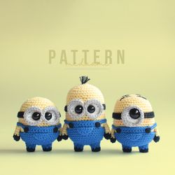 crochet pattern minions, pdf pattern | yellow buddies amigurumi, minions plushy, bob, kevin and stuart