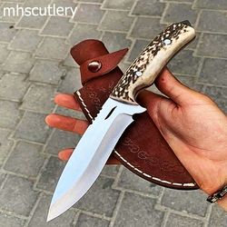 custom handmade stainless steel bushcraft hunting knife with antler handle and leather sheath.