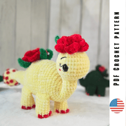 crochet pattern flower dinosaur, amigurumi floral dino toy, pdf tutorial by crochettoysforkids