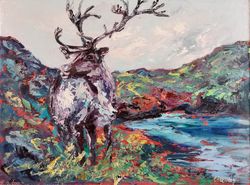 deer north lake mountains reindeer original art oil painting abstract artist svinar oksana