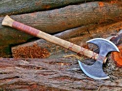 double headed viking axe, battle axe, hand forged steel double blade viking axe