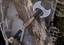 double headed viking axe, battle axe, hand forged steel double blade viking axe