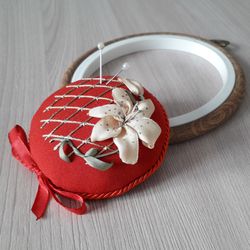 red pincushion pillow ribbon embroidery, round pin keeper , embroidered pin accessory