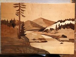 vintage lacquered high gloss landscape on wood wall picture 24" x 16,5"