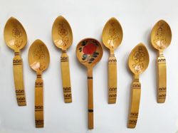 vintage soviet retro wooden spoons(7pc)with patterns kitchen decor souvenir ussr