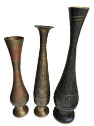 the set of vintage indian hand made floral engraved brass vases (3pc)