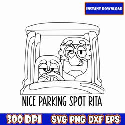 bluey nice parking spot rita outline svg, bluey svg bundle, bluey cut files for cricut, bluey svg clipart, bluey png