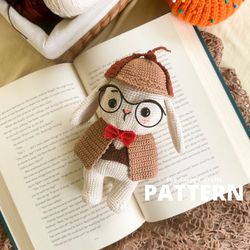 crochet pattern bunny, detective hopper amigurumi pattern, bunny pattern, rabbit pdf, knit diy handmade pattern, gift