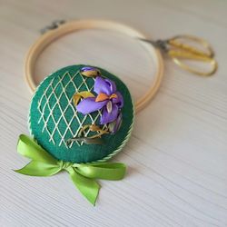 green pincushion pillow ribbon embroidery, needle case with embroidered iris , embroidered pin accessory