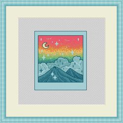 cross stitch pattern polaroid sunset in mountains (pdf,)