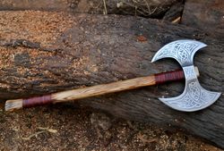 axe of the ancients: handmade double-headed viking axe with custom two blades & forged carbon steel