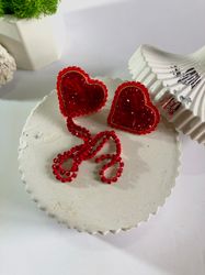 long tassel heart red full rhinestone drop mono earrings crystal studs bling earrings dangle drop valentine's day gift