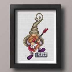 gnome guitarist cross stitch pattern pdf, gnome cross stitch, gnome musician, music cross stitch, counted cross stitch