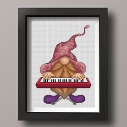 gnome keyboardist cross stitch pattern pdf, gnome cross stitch, musician cross stitch, counted cross stitch