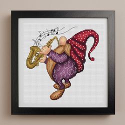 gnome musician cross stitch pattern pdf, gnome cross stitch, music cross stitch, music notes, saxophone cross stitch