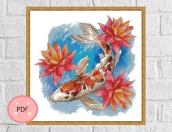 koi fish cross stitch pattern , japanese fish, pdf file,asian style,lotus flower