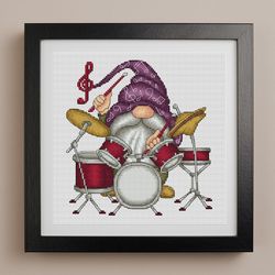 drummer gnome cross stitch pattern pdf, music cross stitch, gnome musician, rock musician, drummer cross stitch