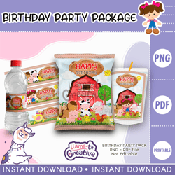 farm girl party pack, farm girl chip bag, bottle label and juice pouch bag label, instant download, not editable