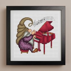 pianist gnome cross stitch pattern pdf, musician cross stitch, grand piano cross stitch, counted cross stitch