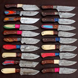 lot of 50 pcs aqua handmade damascus mix skinner knife with leather sheath