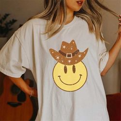 smiley face cowboy hat shirt, howdy cowboy tee, cowgirl hat shirt, vintage smiley face shirt, cowboy t-shirt, boho tee,