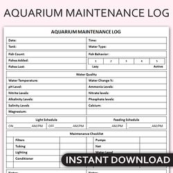 printable aquarium maintenance log, fish tank care tracker, aquarium water monitoring, aquarium care journal