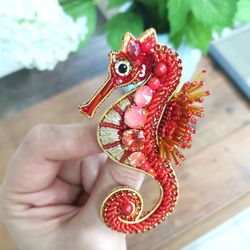 seahorse jewelry brooch, sea jewelry, coral lapel pin