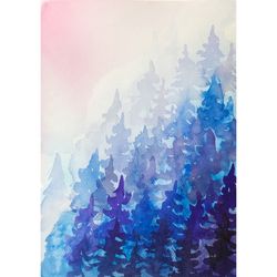 pine trees painting landscape artwork blue mountain original watercolor forest wall art foggy wood wall decor