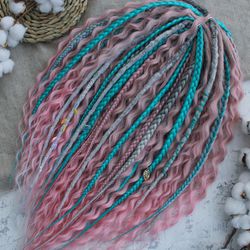 pink/white/turquoise mix crochet natural look synthetic dreadlock braid hair extensions boho dreads double ended de