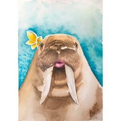 walrus painting animal artwork kiss original watercolor tropical wall art walrus wall decor