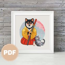 "samurai" dog  cross stitch pattern