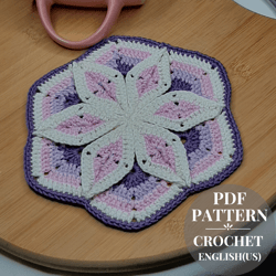 pattern hexagonal crochet, crochet potholder for the kitchen, crochet coaster pattern, hexagonal flower shaped motif.