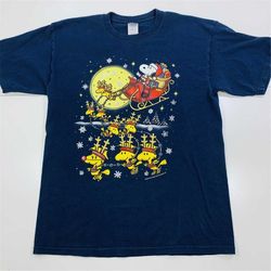 vintage 90s peanuts snoopy woodstock christmas blue crew neck t-shirt size large
