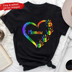 personalized grandchildren grandma mom shirt, grandma heart handprint customize shirt, custom kids name shirt, mother's