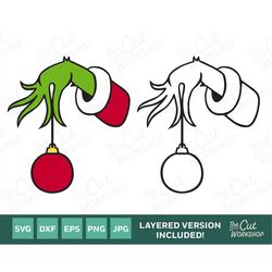 grinch hand holding christmas ornament | layered svg clipart images digital download sublimation cricut cut file png dxf