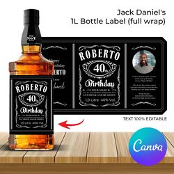 jack daniel's bottle label template, jack daniel's 1l bottle label full wrap editable printable instant download
