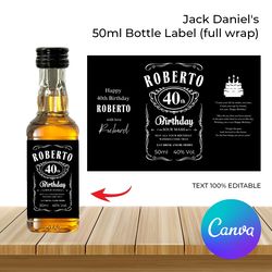 jack daniel's 50ml bottle label template, tennessee 50ml bottle label full wrap editable printable instant download