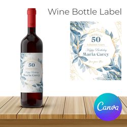 editable blue navy wine label template, party wine bottle label, birthday wine bottle label printable instant download