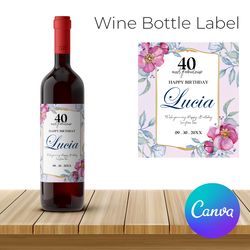 watercolor flower wine label template, party wine bottle label, birthday wine bottle label printable instant download