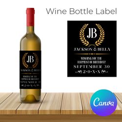 monogram wine label template, party wine bottle label, vintage birthday wine bottle label printable instant download