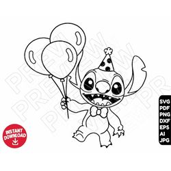 stitch svg birthday balloons dxf png clipart , cut file outline silhouette