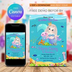 mermaid birthday invitation, under the sea birthday invitation, mermaid 2nd invitation canva editable