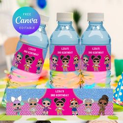 Editable LOL Surprise Dolls Birthday Water Bottle Label printable Instant downloada